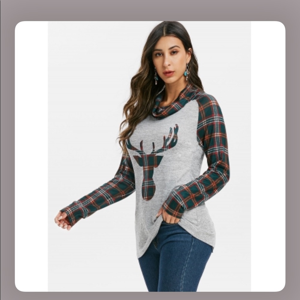 Seasonal Gray Reindeer Plaid Cowl Neck Knit